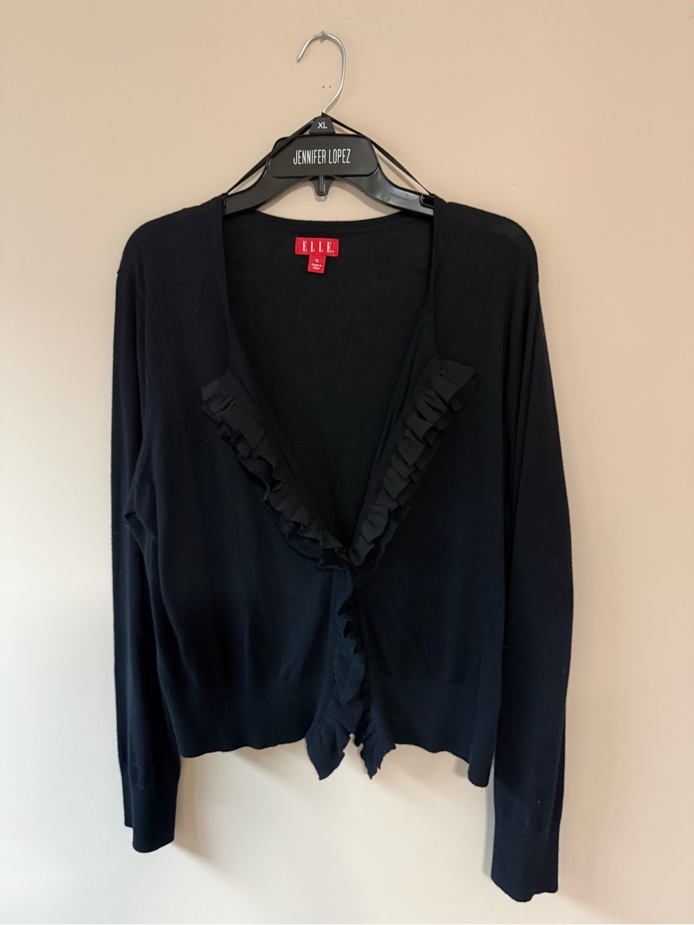 ELLE Black Ruffle-Trim V-Neck Cardigan